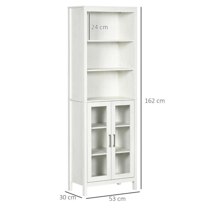 kleankin Columna de Baño con 2 Puertas de Vidrio y 3 Estantes Mueble Auxiliar de Estilo Moderno 53x30x162 cm Blanco