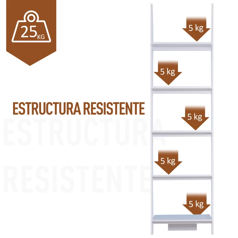 HOMCOM Estantería de Escalera Moderna Estantería para Libros Librería con 5 Estantes para Salón Oficina 50x40x195 cm Blanco