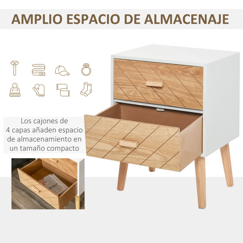 HOMCOM Mesita de Noche Madera con 2 Cajones Comoda Rústica Cajonera Mesilla Mueble para Dormitorio Armario Almacenamiento 40x30x55,5 cm Blanco y Natural(m-5)