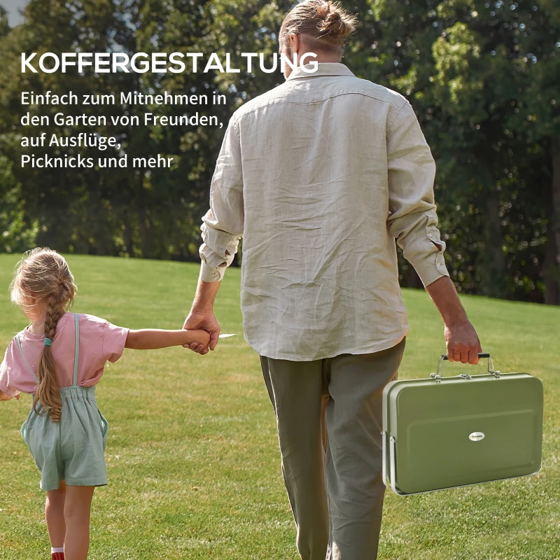 Outsunny Opvouwbare Mini-Houtskoolbarbecue met Koffer, Inclusief Kolenbak en Asopvangbak, Metalen Behuizing, Groen