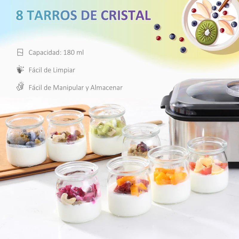 HOMCOM Yogurtera 30W Capacidad 1,44L con 8 Tarros de Cristal de 180 ml Termostato Ajustable Temporizador de 1-48 Horas y Apagado Automático 36x18,8x14 cm Plata