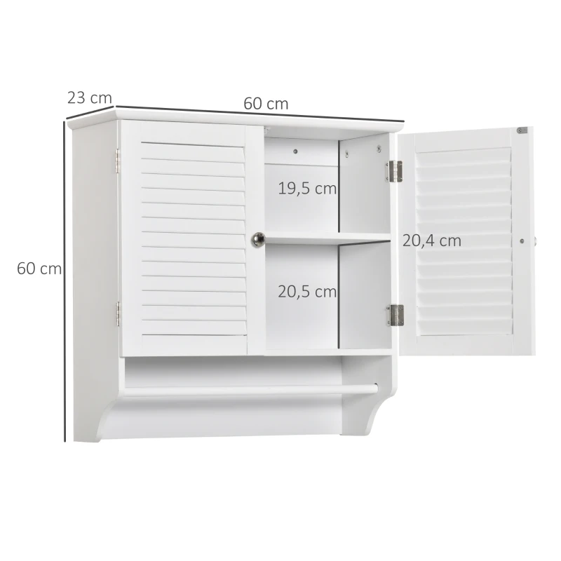 kleankin Armario Baño de Pared con 2 Puertas de Persiana Estante Interior y Barra de Toallero Mueble Auxiliar Suspendido Moderno Multiusos para Cocina 60x23x60 cm Blanco