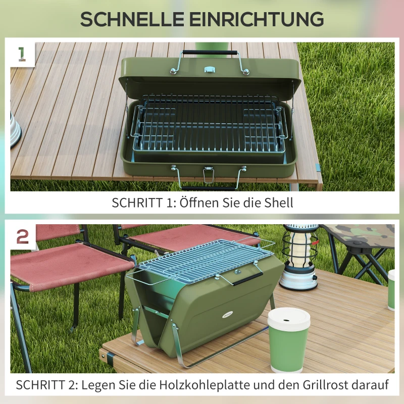 Outsunny Opvouwbare Mini-Houtskoolbarbecue met Koffer, Inclusief Kolenbak en Asopvangbak, Metalen Behuizing, Groen