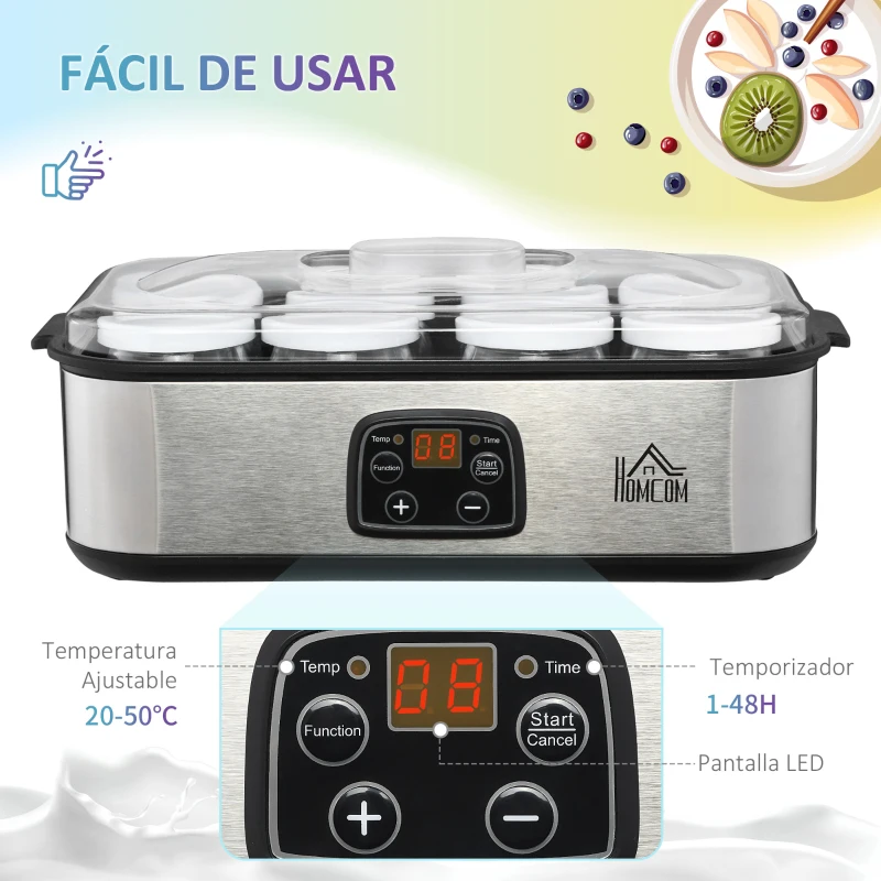 HOMCOM Yogurtera 30W Capacidad 1,44L con 8 Tarros de Cristal de 180 ml Termostato Ajustable Temporizador de 1-48 Horas y Apagado Automático 36x18,8x14 cm Plata