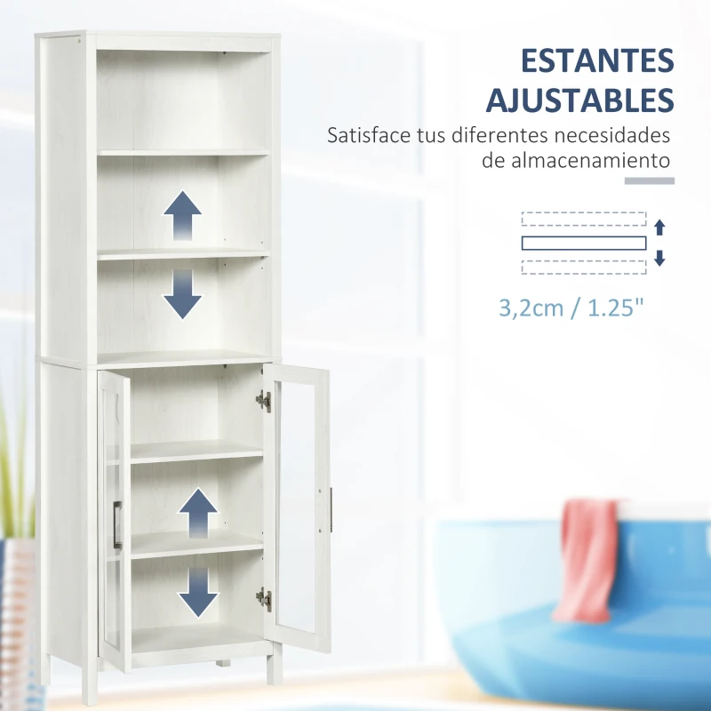 kleankin Columna de Baño con 2 Puertas de Vidrio y 3 Estantes Mueble Auxiliar de Estilo Moderno 53x30x162 cm Blanco