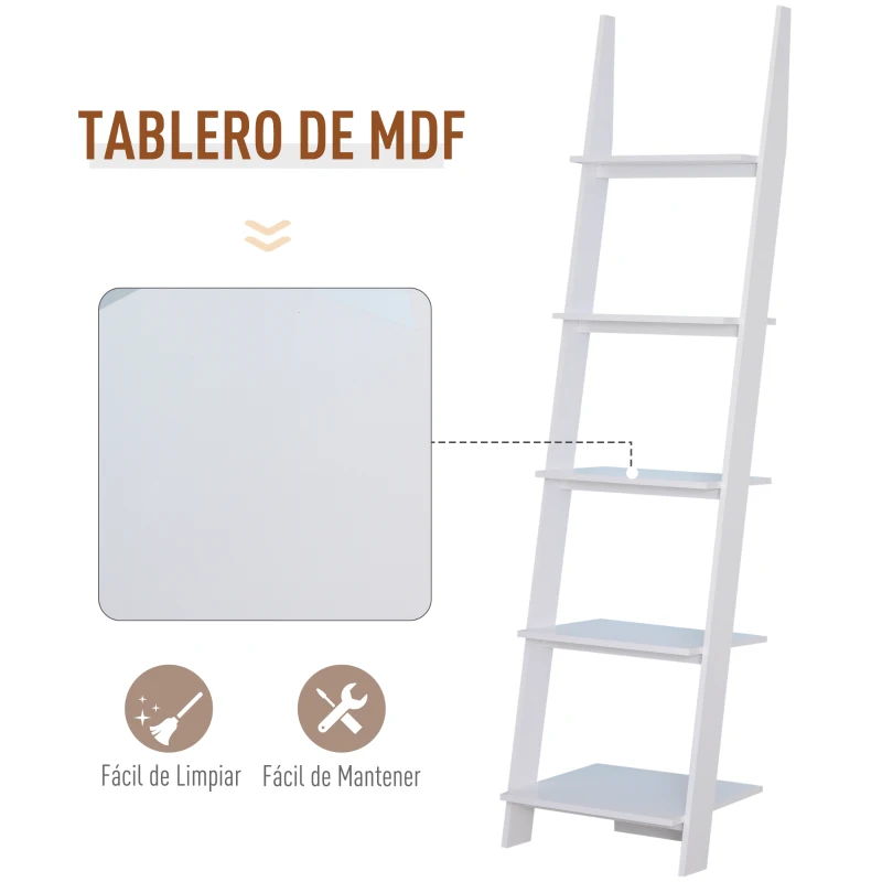 HOMCOM Estantería de Escalera Moderna Estantería para Libros Librería con 5 Estantes para Salón Oficina 50x40x195 cm Blanco