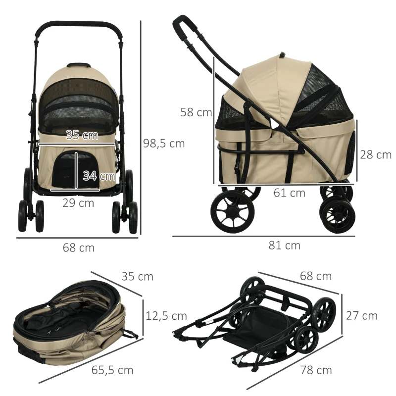 PawHut Carrinho para Animais de Estimação 2 em 1 Dobrável com Almofadado e Estrutura de Aço 81x68x98,5 cm Cáqui