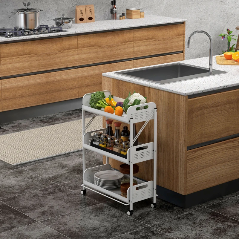HOMCOM Multifunctionele Trolley Opbergwagen, 3 Planken, 52,5 x 27 x 73,5 cm, Wit