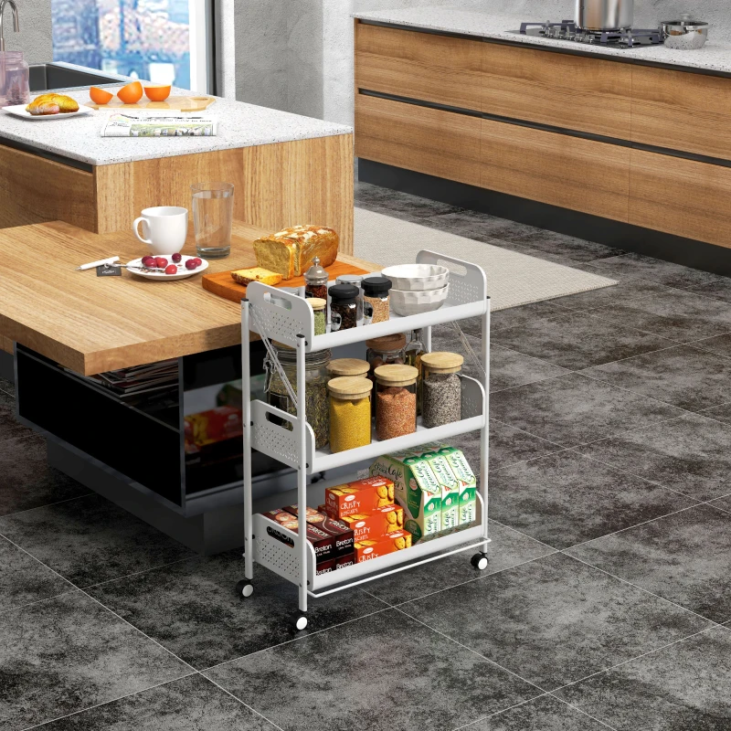 HOMCOM Multifunctionele Trolley Opbergwagen, 3 Planken, 52,5 x 27 x 73,5 cm, Wit