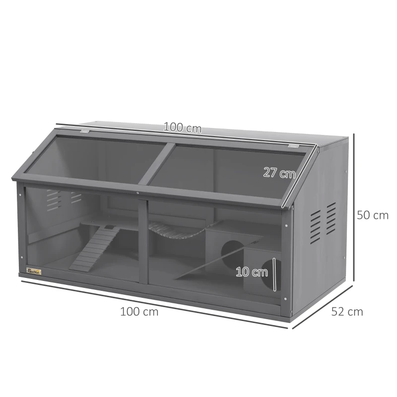 PawHut Knaagdierkooi met accessoires, sparrenhout, 100 cm x 52 cm x 50 cm, Grijs(m-3)