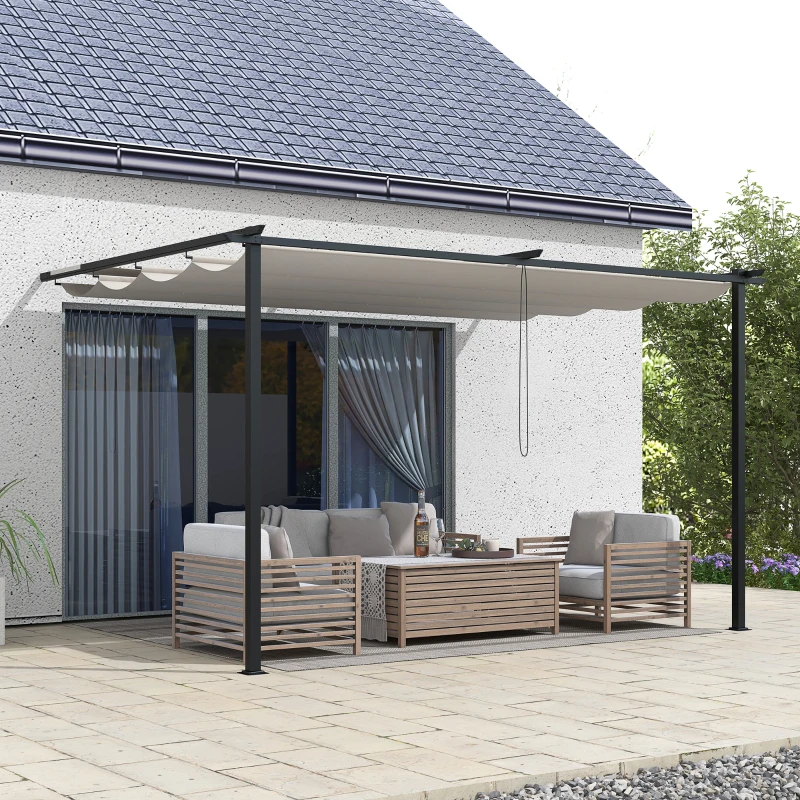 Outsunny Pérgola de Parede de Jardim com Teto Retrátil Tecido de Poliéster e Estrutura de Aço 3,9x2,9 m Creme