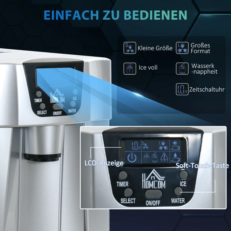 HOMCOM IJsblokjesmachine IJsblokjesmaker Ice-Maker, Timerfunctie, 25,2 cm x 38,9 cm x 36,3 cm, Zilver