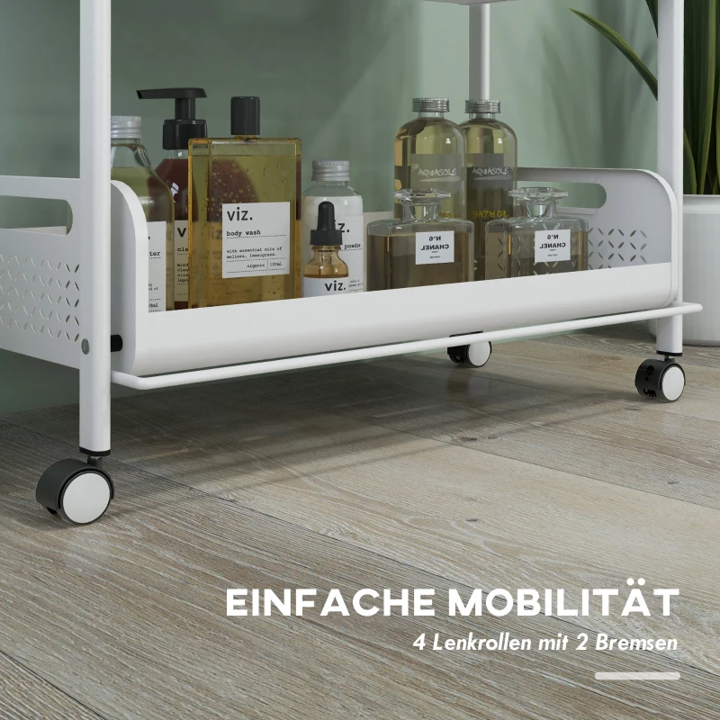 HOMCOM Multifunctionele Trolley Opbergwagen, 3 Planken, 52,5 x 27 x 73,5 cm, Wit