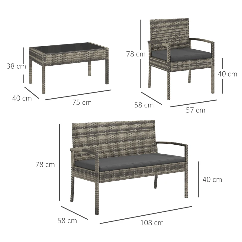 Outsunny Conjunto Móveis de Jardim de 4 Peças em Vime Sintético com 2 Poltronas 1 Sofá de 2 Lugares e 1 Mesa de Centro Cinza