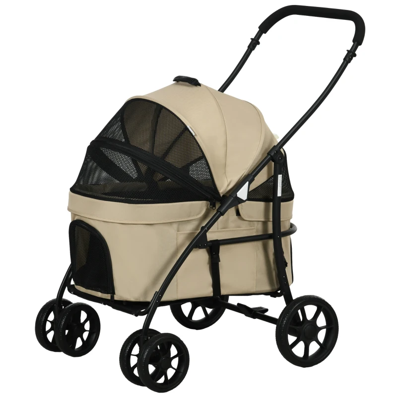 PawHut Carrinho para Animais de Estimação 2 em 1 Dobrável com Almofadado e Estrutura de Aço 81x68x98,5 cm Cáqui