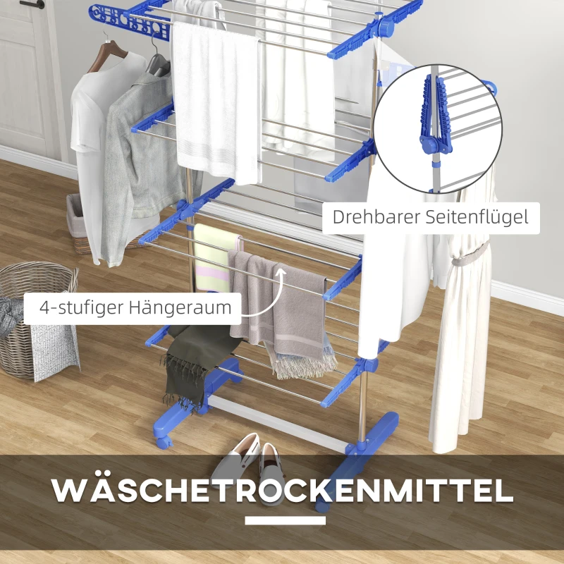 HOMCOM Opvouwbare Wasrek met 5 niveaus, One-Klick-Systeem, 142 cm x 55 cm x 172 cm, Blauw + Zilver