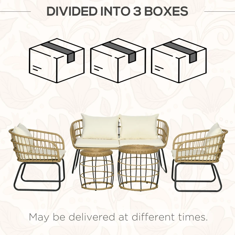 Outsunny Lounge-Set Rattan Zitgroep, Buitenmeubelset in Boho-stijl, 5-delig, 145 x 70 x 78 cm, Crème + Natuur + Zwart