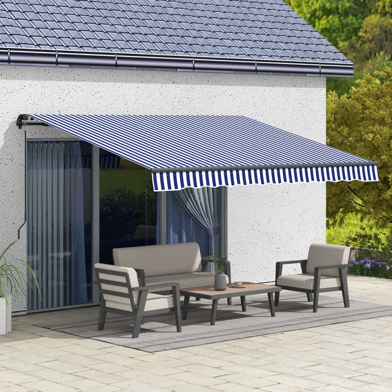 Outsunny Zonneluifel Terrasluifel, incl. Handkruk, Weerbestendig, 350 cm x 290 cm, Blauw + Wit