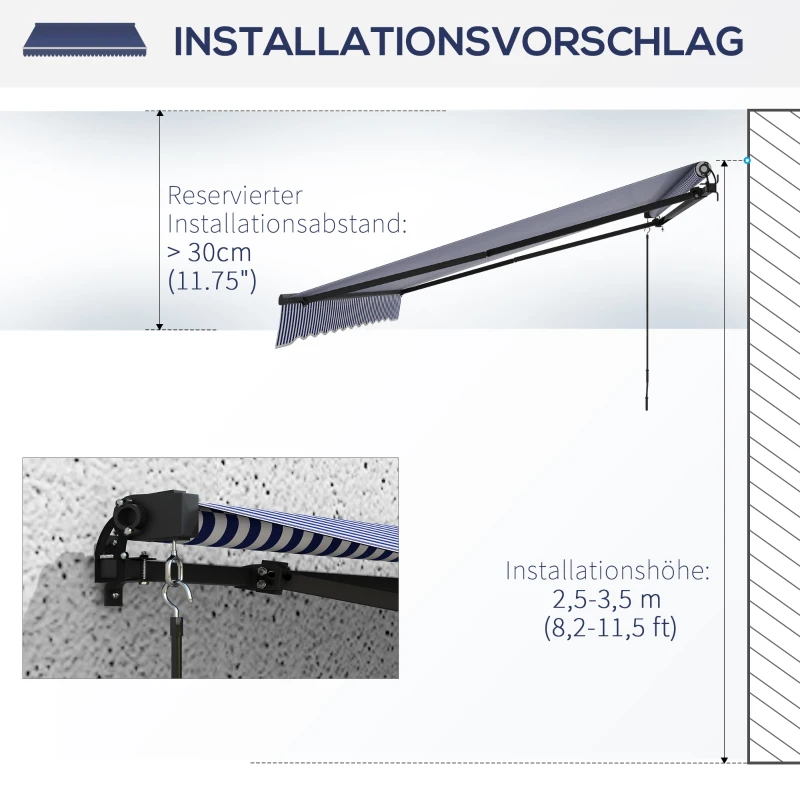 Outsunny Zonneluifel Terrasluifel, incl. Handkruk, Weerbestendig, 350 cm x 290 cm, Blauw + Wit