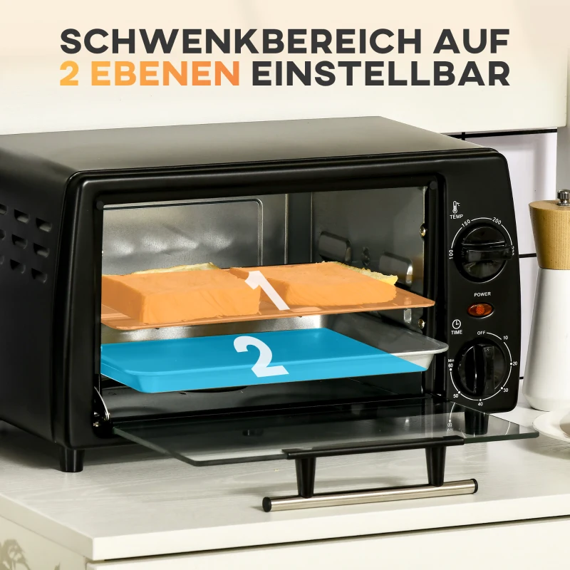 HOMCOM Mini-Oventoaster, 1 Bakplaat, 1 Grillrooster, Timerfunctie, 36,5 cm x 26 cm x 22 cm, Zwart