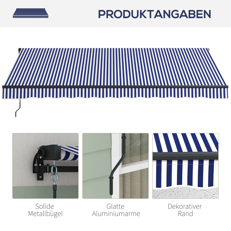Outsunny Terraszonnescherm - Zonnescherm voor terras, inclusief handkruk, weerbestendig, 365 cm x 300 cm, Blauw + Wit
