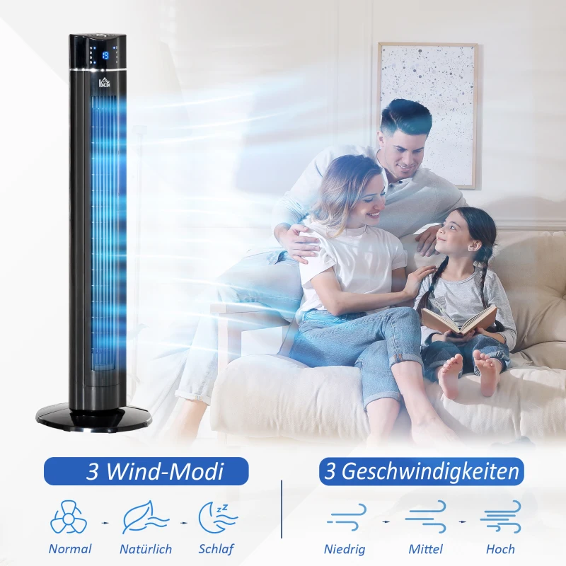 HOMCOM 2-in-1 Torenventilator en Staande Ventilator, 32 cm x 32 cm x 106,8 cm, Zwart