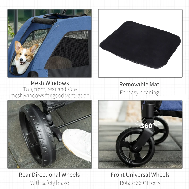 PawHut Dog Stroller 4 Wheels Pet Trolley Carrier Mesh Windows for Medium Large Dogs Traveling Blue