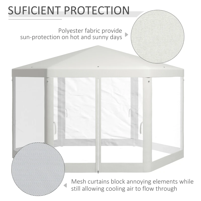 Outsunny Pavilion de Grădină Hexagonal cu Pereți din Plasă, 2 Uși și Picioare Reglabile, 3,94x3,94x2,5 m, Alb Crem