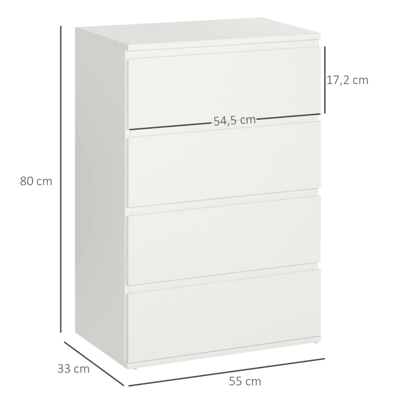 HOMCOM Witte Ladekast, Hoogglans, 4 Lades, 55 cm x 33 cm x 80 cm