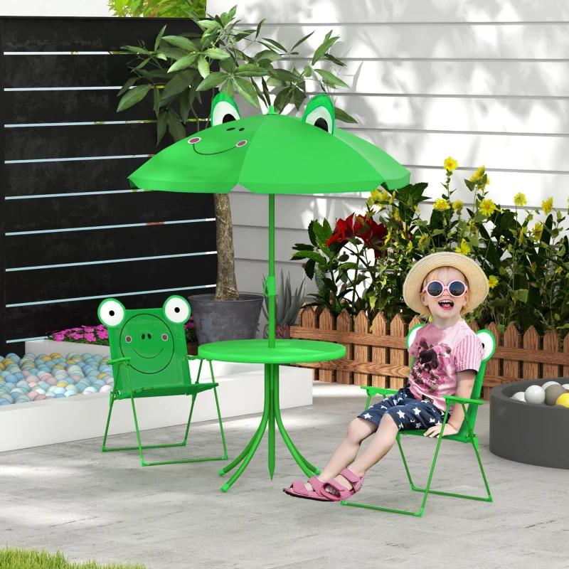 Outsunny Kids Folding Picnic Table and Chair Set Frog Pattern with Removable & Height Adjustable Sun Umbrella, Green