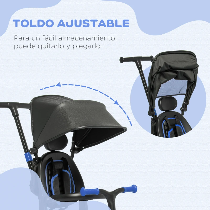 AIYAPLAY Triciclo Bambini 3 in 1 Tettuccio Regolabile con Maniglia di Spinta 18 mesi-4 anni - Blu