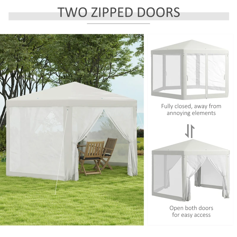 Outsunny Pavilion de Grădină Hexagonal cu Pereți din Plasă, 2 Uși și Picioare Reglabile, 3,94x3,94x2,5 m, Alb Crem