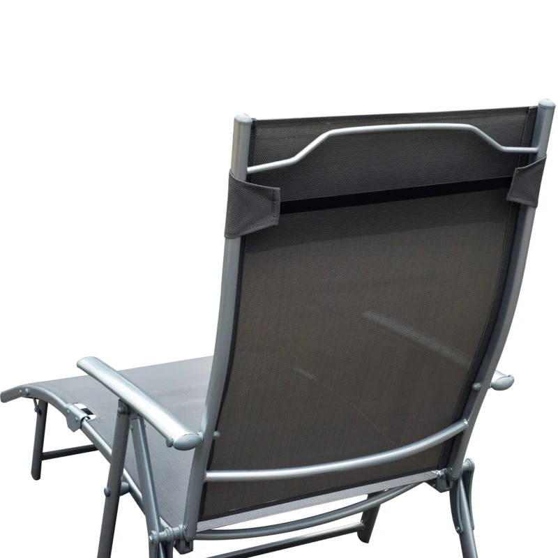 Outsunny Outdoor Recliner Sun Lounger Chair, Steel Frame Folding Chaise Lounge Chair with Headrest, 7 Levels Adjustable Backrest and Breathable Mesh Fabric, Grey