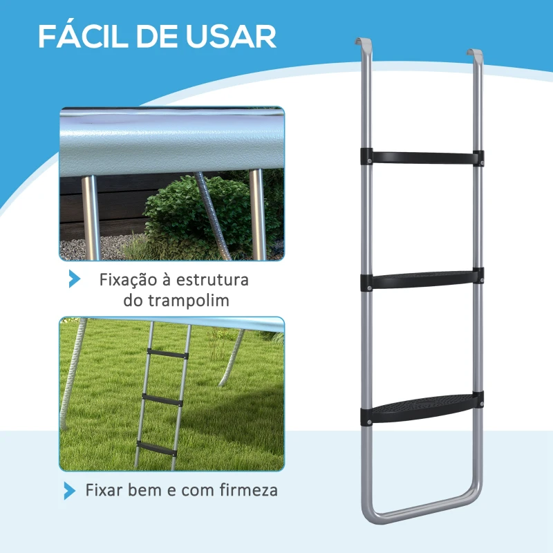 SPORTNOW Escada para Trampolim de Aço Escada para Trampolim de 3 ou 2 Degraus com 2 Ganchos Capacidade 120 kg 110x32 cm Prata