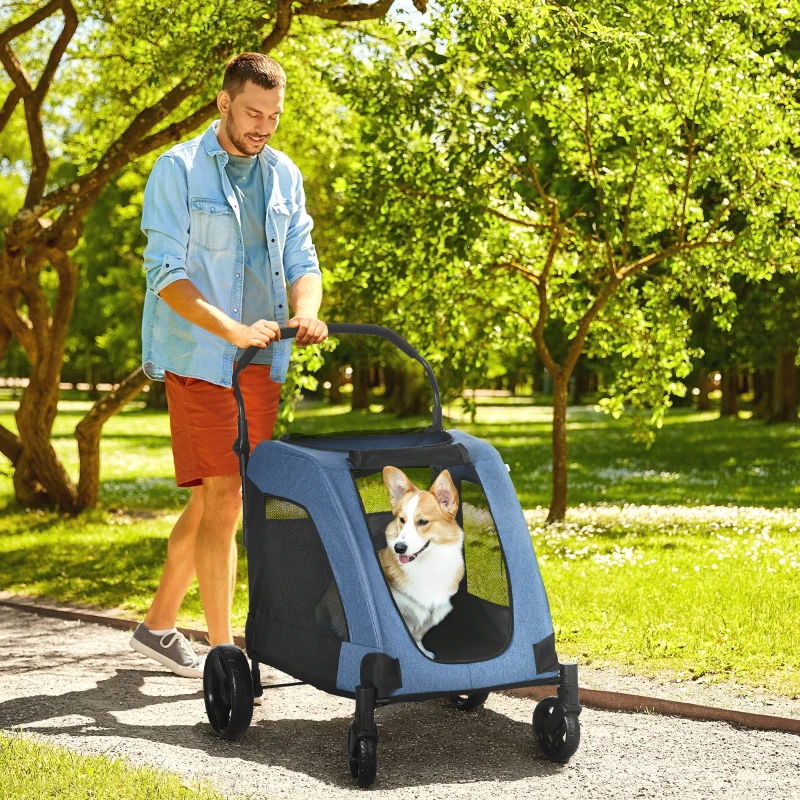 PawHut Dog Stroller 4 Wheels Pet Trolley Carrier Mesh Windows for Medium Large Dogs Traveling Blue