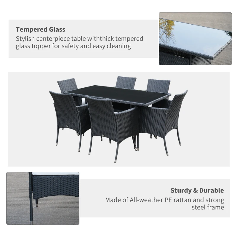 Outsunny 6 Seater Rattan Garden Furniture Dining Set, Cushion Filled Chair, Glass-top Table - Black/Cream