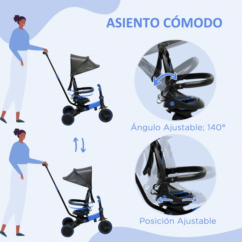 AIYAPLAY Triciclo Bambini 3 in 1 Tettuccio Regolabile con Maniglia di Spinta 18 mesi-4 anni - Blu