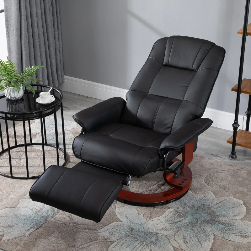 HOMCOM Black Recliner Chair, PU Leather Swivel Seat with Wooden Base
