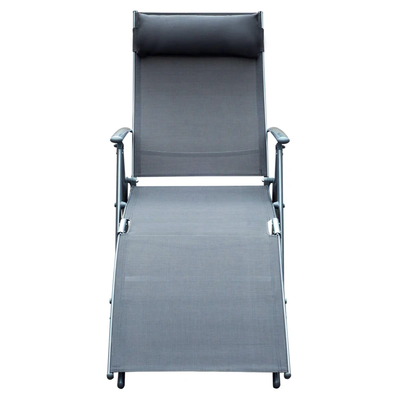 Outsunny Outdoor Recliner Sun Lounger Chair, Steel Frame Folding Chaise Lounge Chair with Headrest, 7 Levels Adjustable Backrest and Breathable Mesh Fabric, Grey