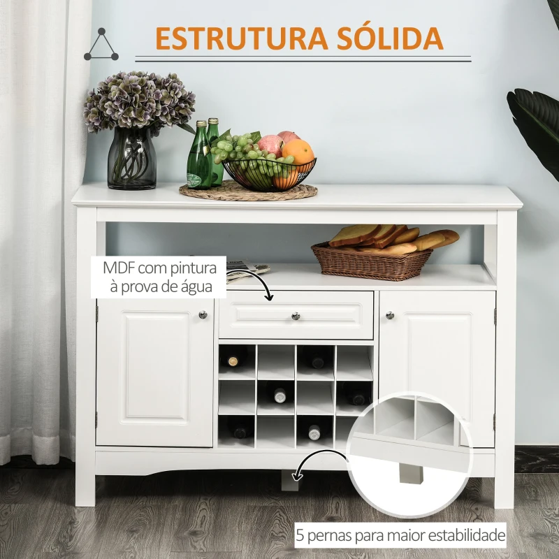 HOMCOM Aparador de Cozinha com 1 Gaveta 1 Prateleira Aberta 2 Portas e Suporte para 12 Garrafas 116,5x40x82,5 cm Branco