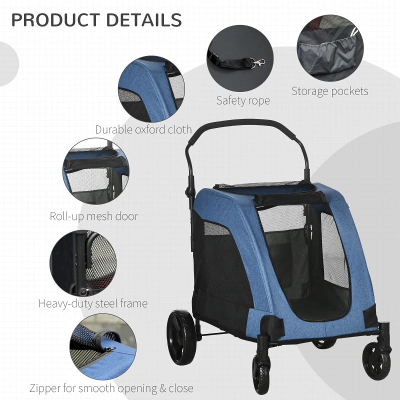 PawHut Dog Stroller 4 Wheels Pet Trolley Carrier Mesh Windows for Medium Large Dogs Traveling Blue