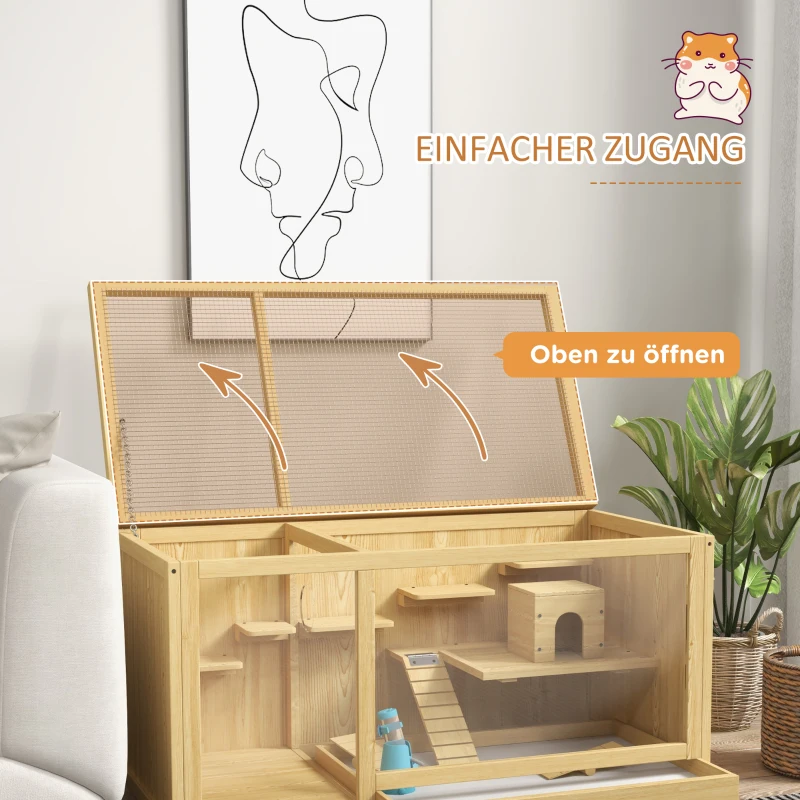 PawHut Knaagdierkooi, Sparrenhout, inclusief accessoires en drinkfles, 100 x 50 x 50 cm, Natuurlijk