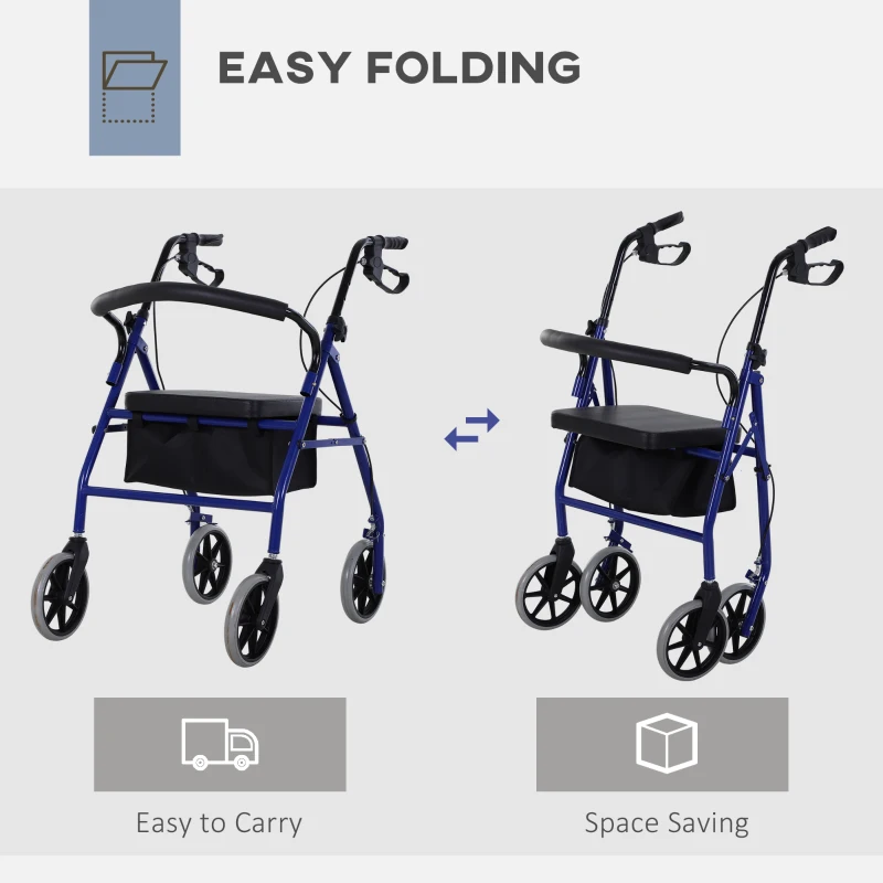 HOMCOM Adjustable Metal Rollator For The Old Foldable Drive Medical Wheelchair W/ Bag