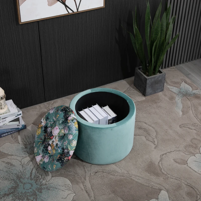 HOMCOM Sgabello Baule Pouf Coperchio Rimovibile Imbottito Soggiorno Camera Ø50x38 cm Turchese