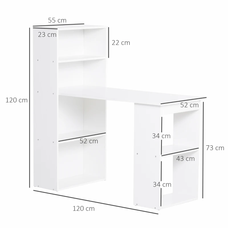 HOMCOM Bureau Kantoorbureau Computertafel, 2 planken, 5 legplanken, 120 cm x 55 cm x 120 cm, Wit