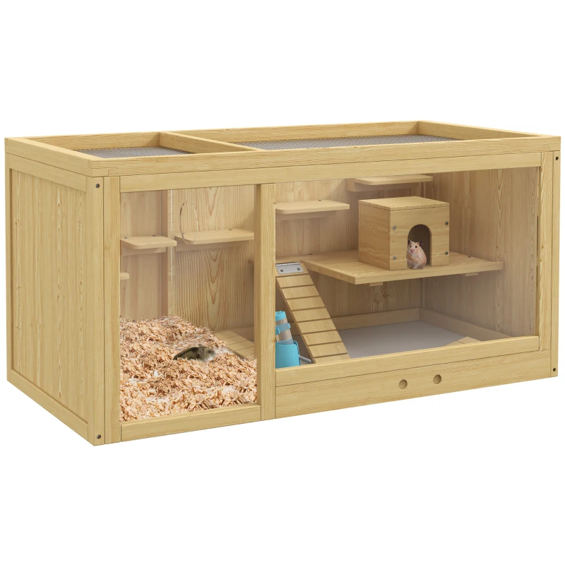 PawHut Knaagdierkooi, Sparrenhout, inclusief accessoires en drinkfles, 100 x 50 x 50 cm, Natuurlijk