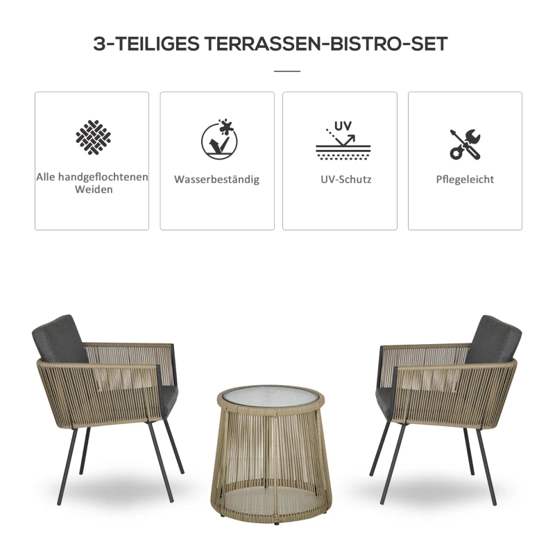 Outsunny 3-delige loungeset, 2 stoelen, bijzettafel, zit- en rugkussens, gehard glazen tafelblad, kunstrotan, grijs