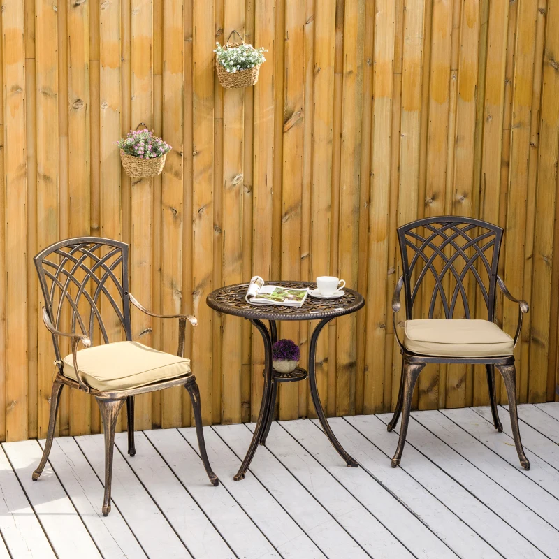 Outsunny 3 Piece Cast Aluminium Garden Bistro Set for 2 with Parasol Hole, Outdoor Coffee Table Set with Cushions - Bronze
