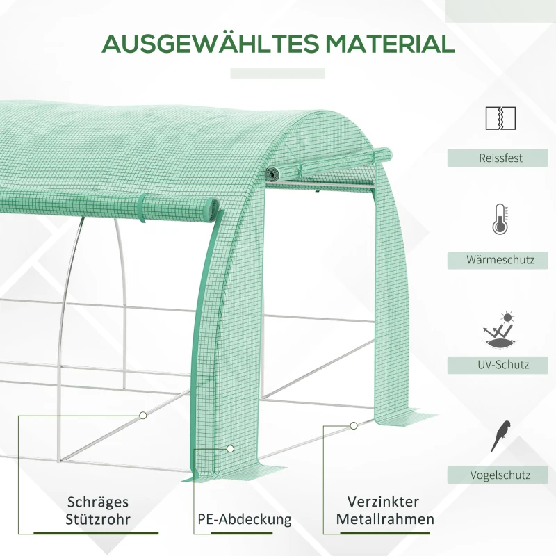 Outsunny Bezoekbare Foliekas, Tuinkas, met Netramen, Metalen Frame, 4x3x2m, Groen