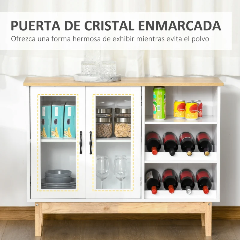 HOMCOM Aparador de Cocina con 2 Botelleros para 8 Botellas de Vino Armario de 2 Puertas de Cristal y Estantes Abiertos Moderno para Comedor Bar 103x34x80 cm Blanco y Roble